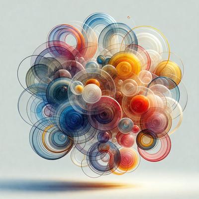 The primary subject of the image is a colorful, abstract artwork that resembles a tree. The setting is a white background, and the visual style is a combination of digital art and illustration. The colors and mood of the image are vibrant and lively, with a mix of blue, orange, and yellow hues.